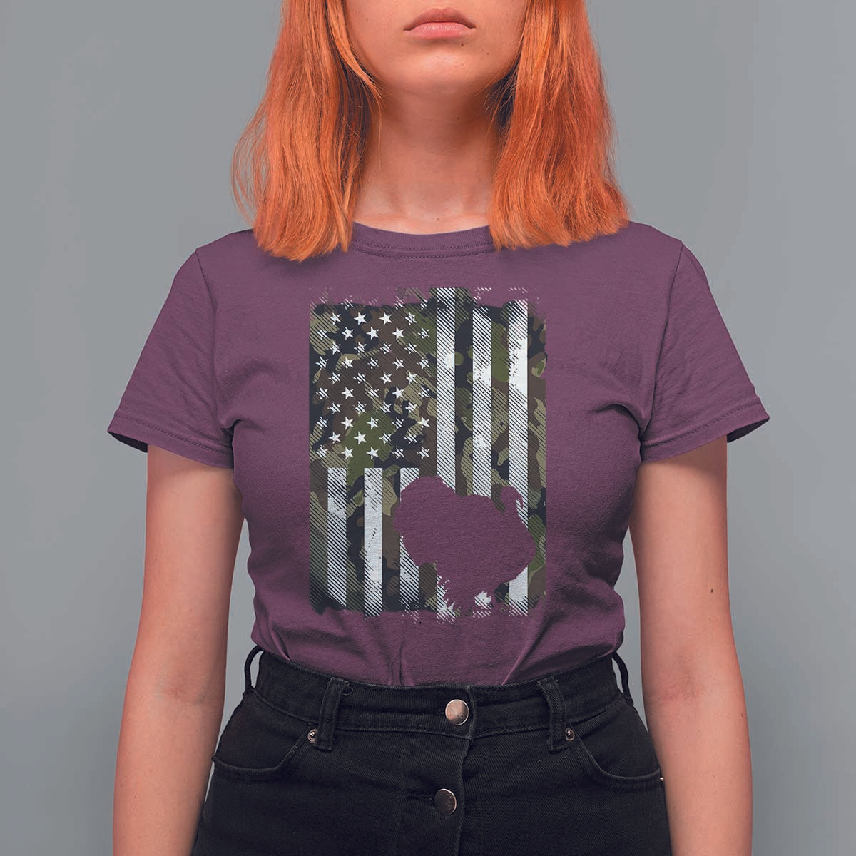 Turkey Hunting Camo US American Flag Thanksgiving T Shirt For Women - Wonder Print Shop