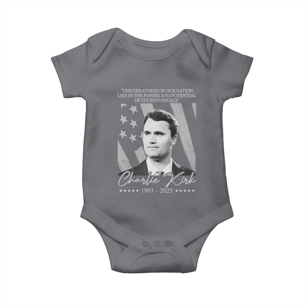 Charlie Kirk Baby Onesie The Greatness Of Our Nation Lies In The Power And Potential Of Its Individuals - Wonder Print Shop