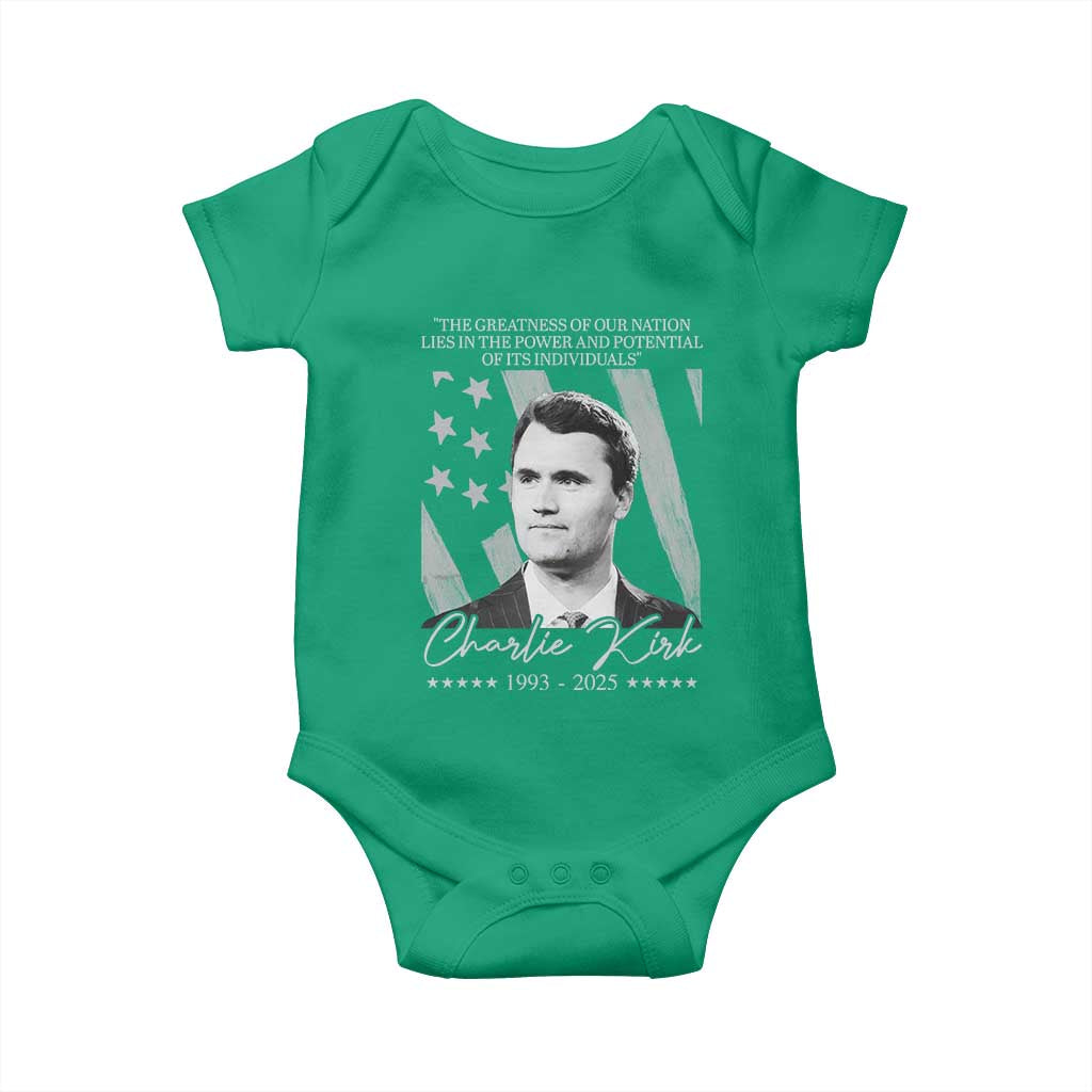 Charlie Kirk Baby Onesie The Greatness Of Our Nation Lies In The Power And Potential Of Its Individuals - Wonder Print Shop
