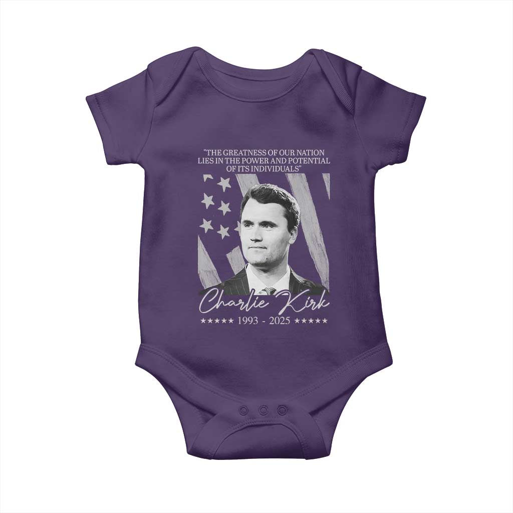 Charlie Kirk Baby Onesie The Greatness Of Our Nation Lies In The Power And Potential Of Its Individuals - Wonder Print Shop