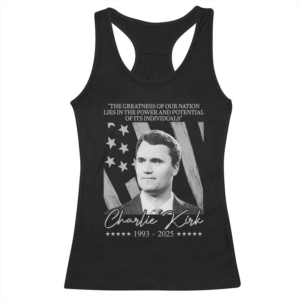 Charlie Kirk Racerback Tank Top The Greatness Of Our Nation Lies In The Power And Potential Of Its Individuals - Wonder Print Shop