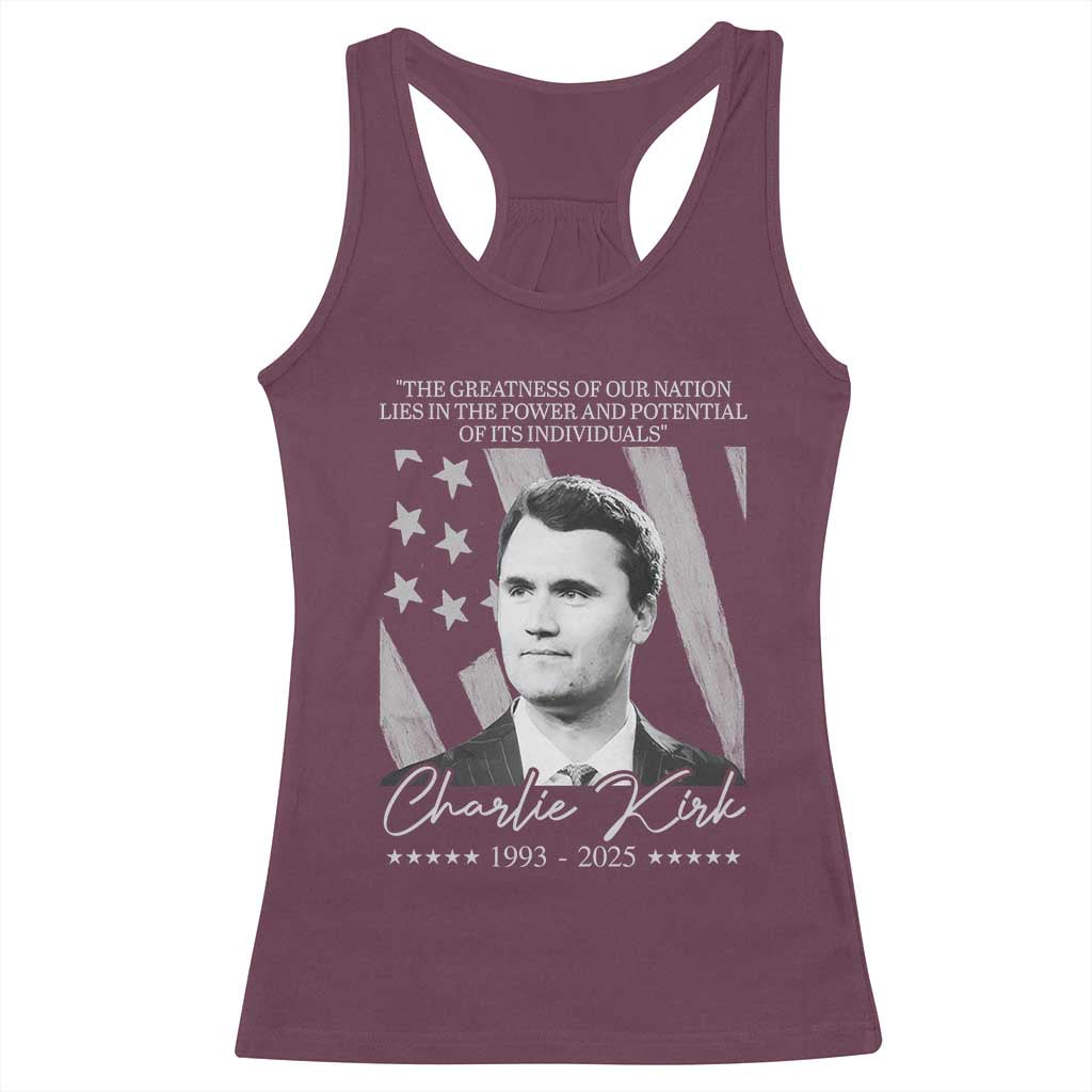 Charlie Kirk Racerback Tank Top The Greatness Of Our Nation Lies In The Power And Potential Of Its Individuals - Wonder Print Shop