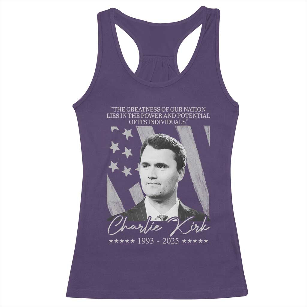 Charlie Kirk Racerback Tank Top The Greatness Of Our Nation Lies In The Power And Potential Of Its Individuals - Wonder Print Shop
