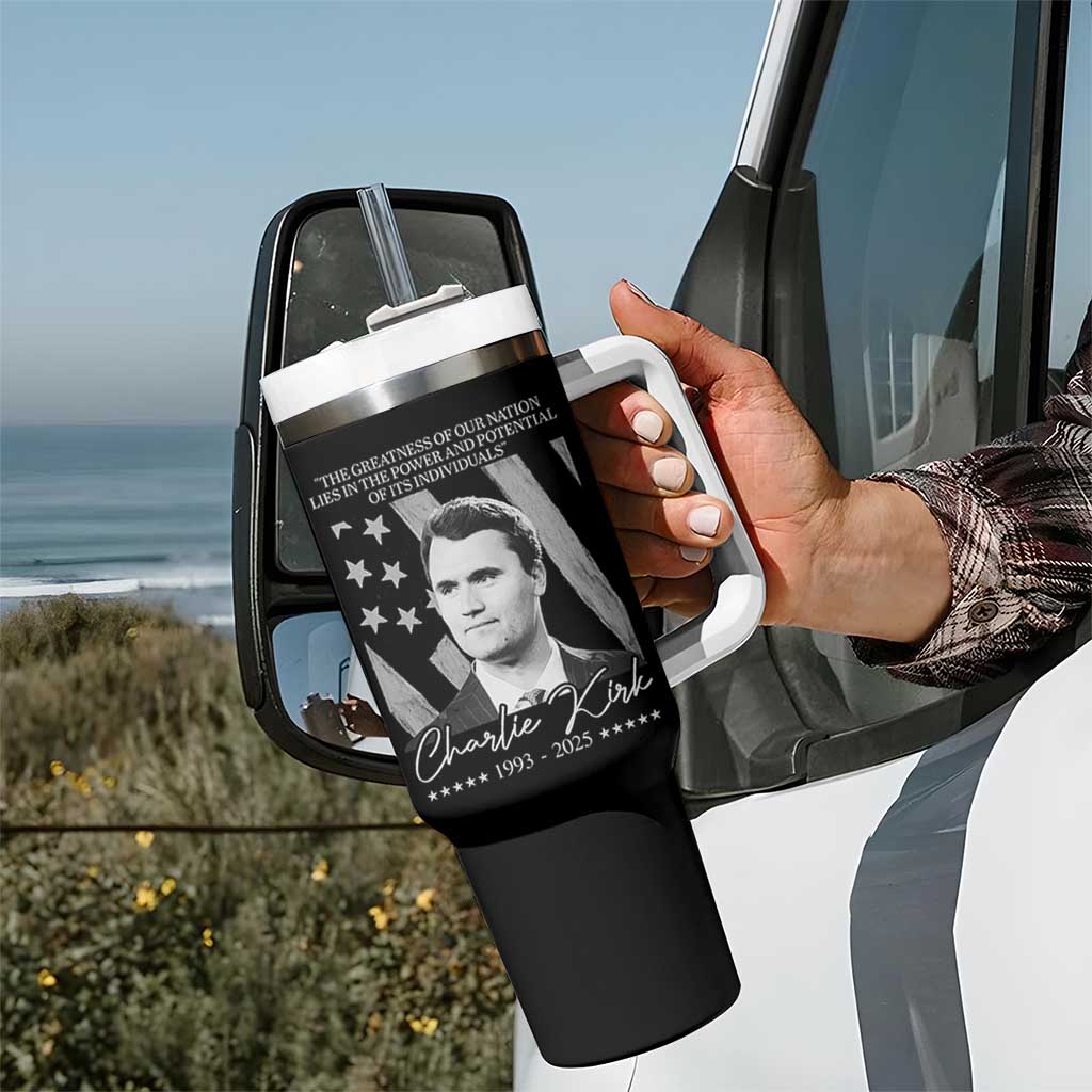 Charlie Kirk Tumbler With Handle The Greatness Of Our Nation Lies In The Power And Potential Of Its Individuals - Wonder Print Shop