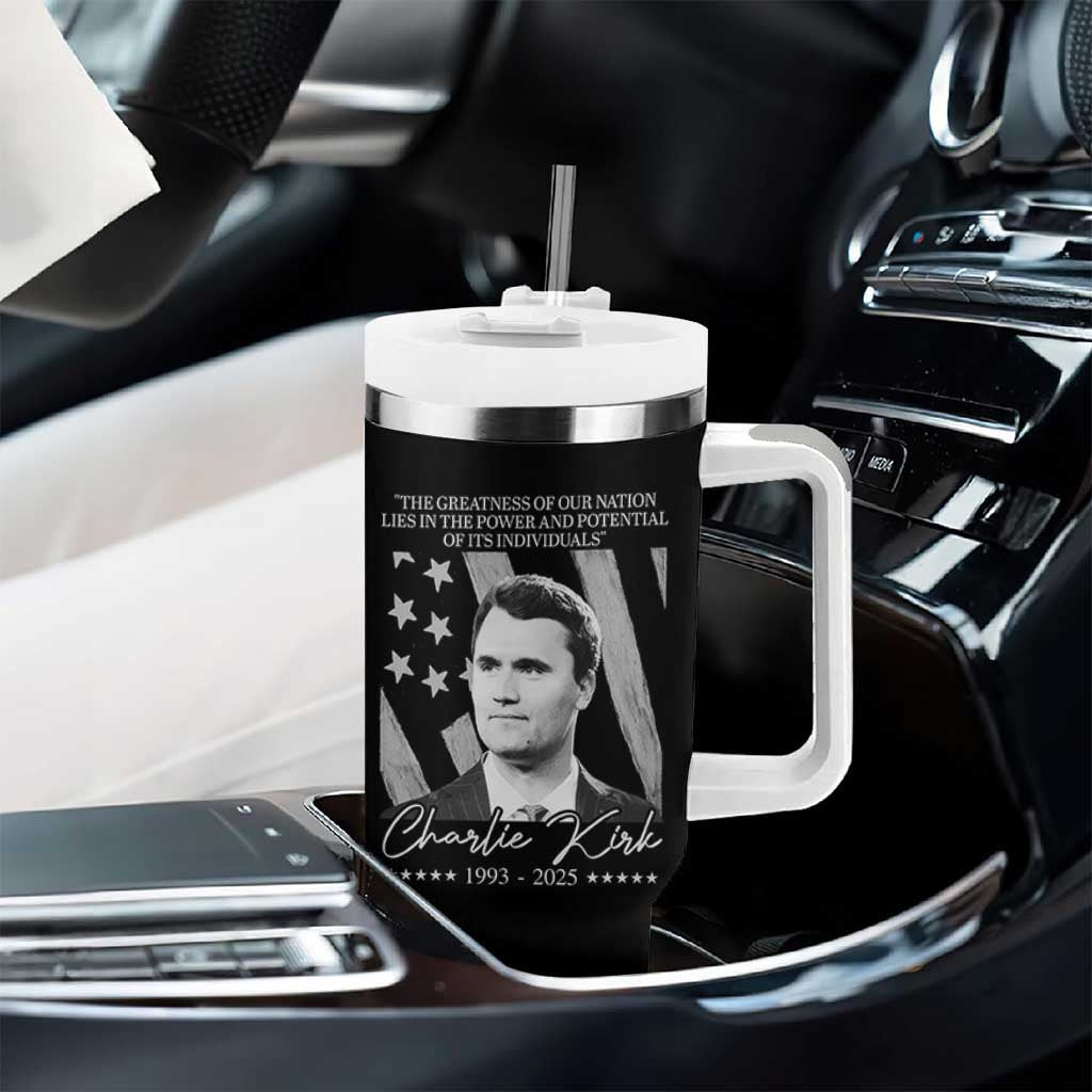 Charlie Kirk Tumbler With Handle The Greatness Of Our Nation Lies In The Power And Potential Of Its Individuals - Wonder Print Shop