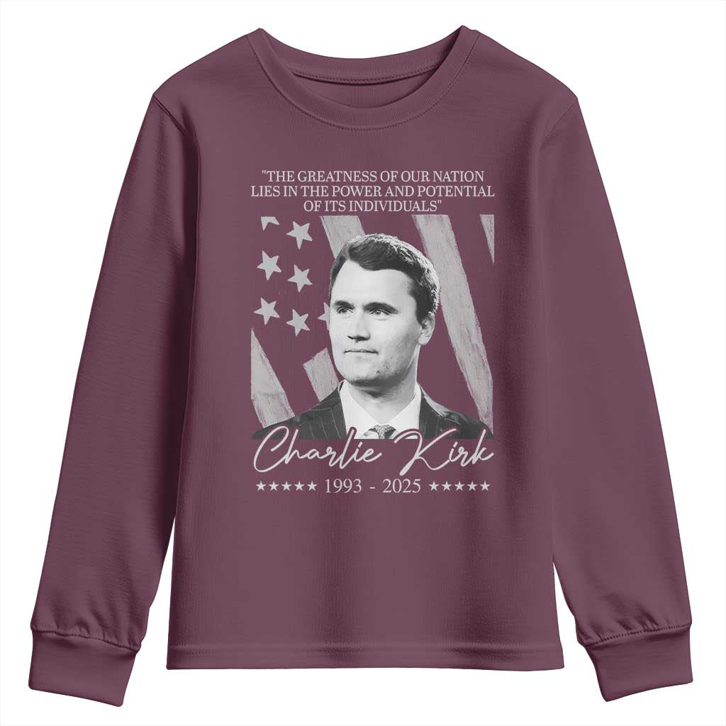 Charlie Kirk Youth Sweatshirt The Greatness Of Our Nation Lies In The Power And Potential Of Its Individuals - Wonder Print Shop