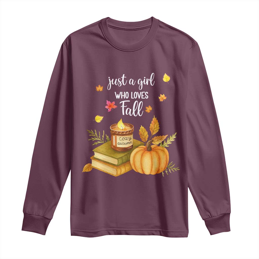 Just A Girl Who Loves Fall Long Sleeve Shirt Cozy Autumn Season - Wonder Print Shop