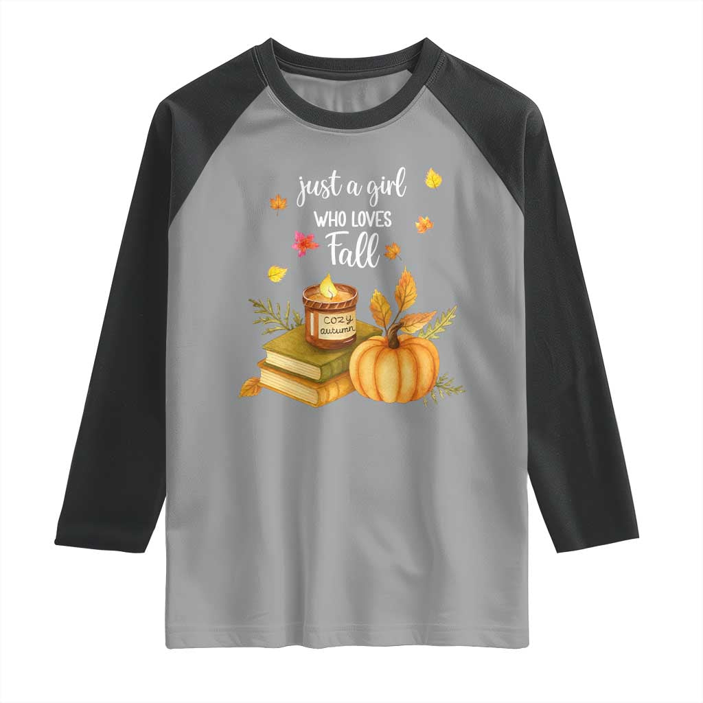 Just A Girl Who Loves Fall Raglan Shirt Cozy Autumn Season - Wonder Print Shop