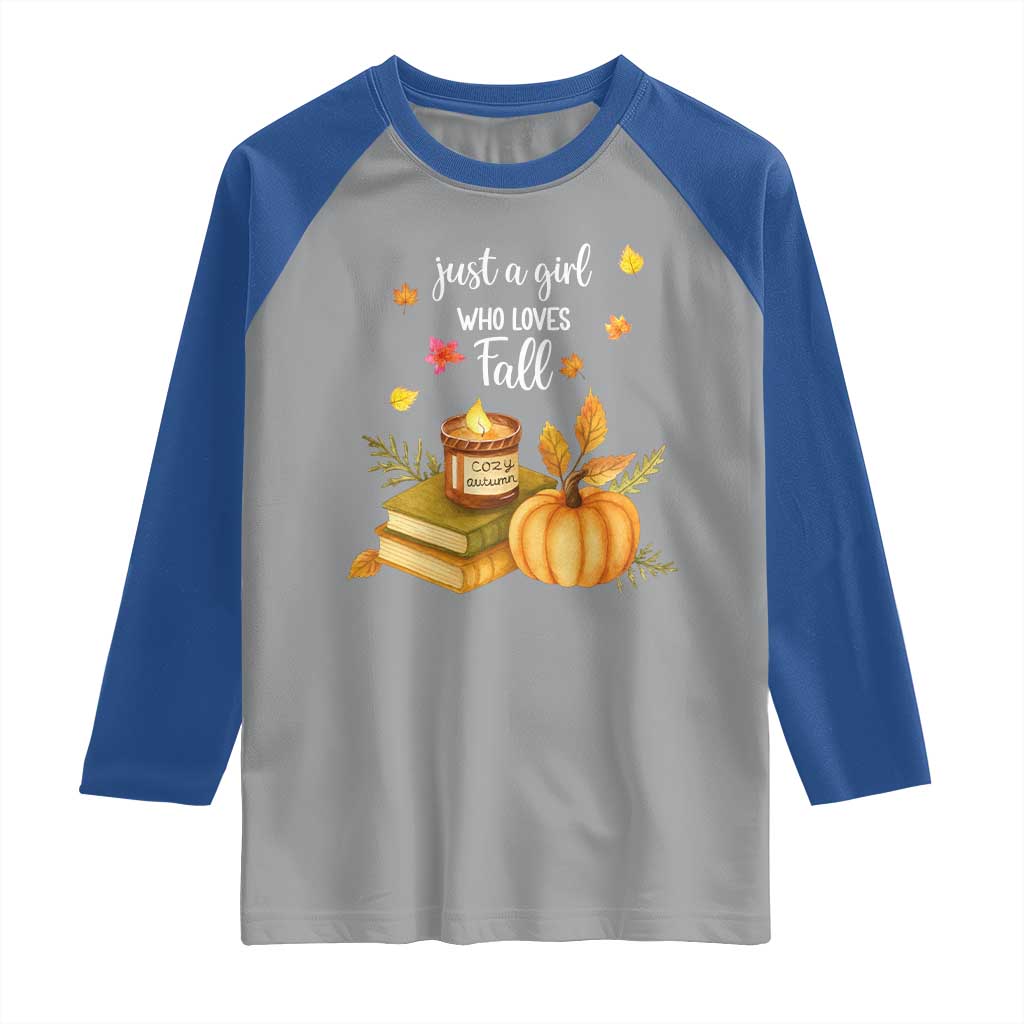 Just A Girl Who Loves Fall Raglan Shirt Cozy Autumn Season - Wonder Print Shop