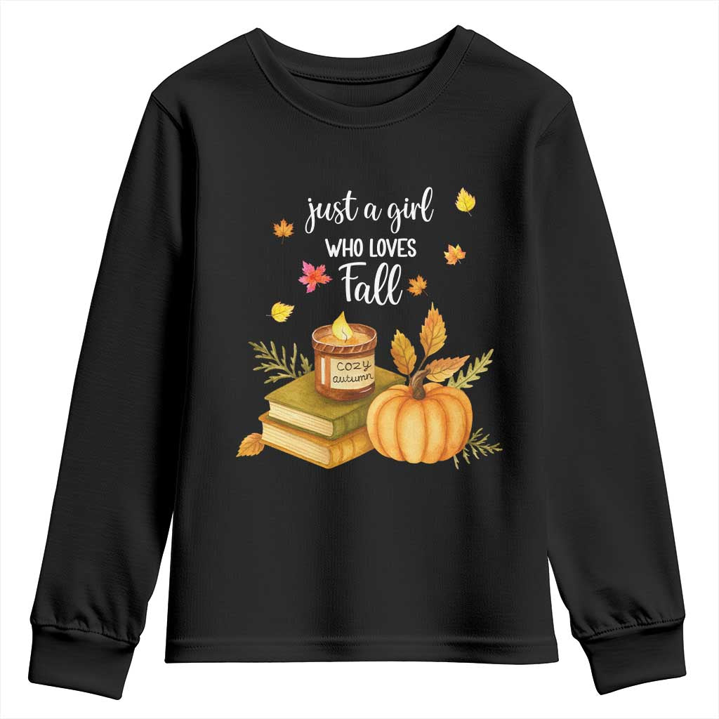 Just A Girl Who Loves Fall Youth Sweatshirt Cozy Autumn Season - Wonder Print Shop