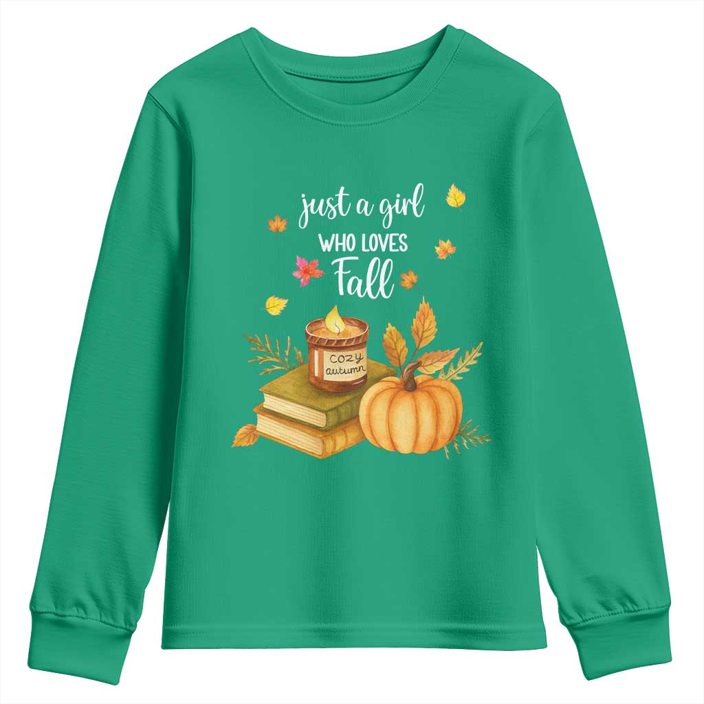 Just A Girl Who Loves Fall Youth Sweatshirt Cozy Autumn Season - Wonder Print Shop