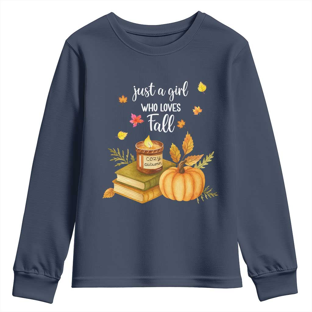Just A Girl Who Loves Fall Youth Sweatshirt Cozy Autumn Season - Wonder Print Shop