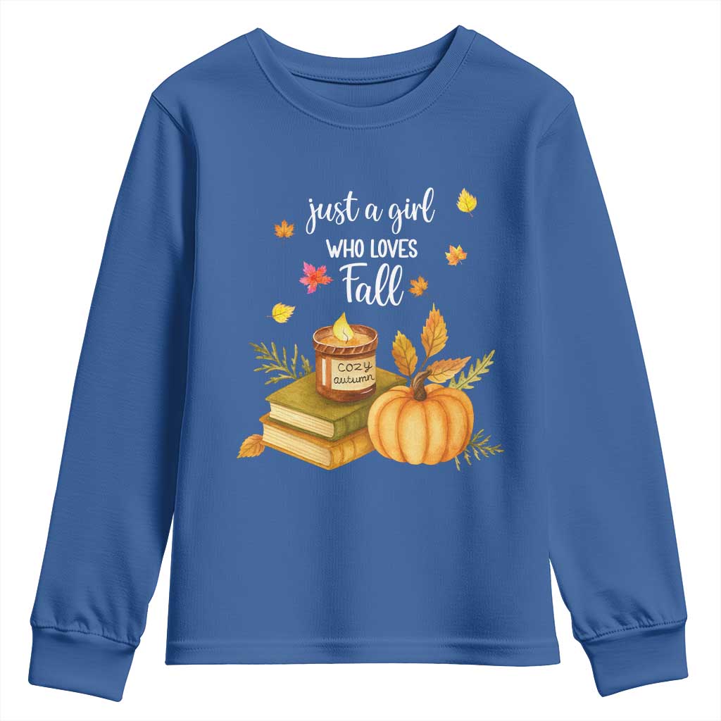 Just A Girl Who Loves Fall Youth Sweatshirt Cozy Autumn Season - Wonder Print Shop