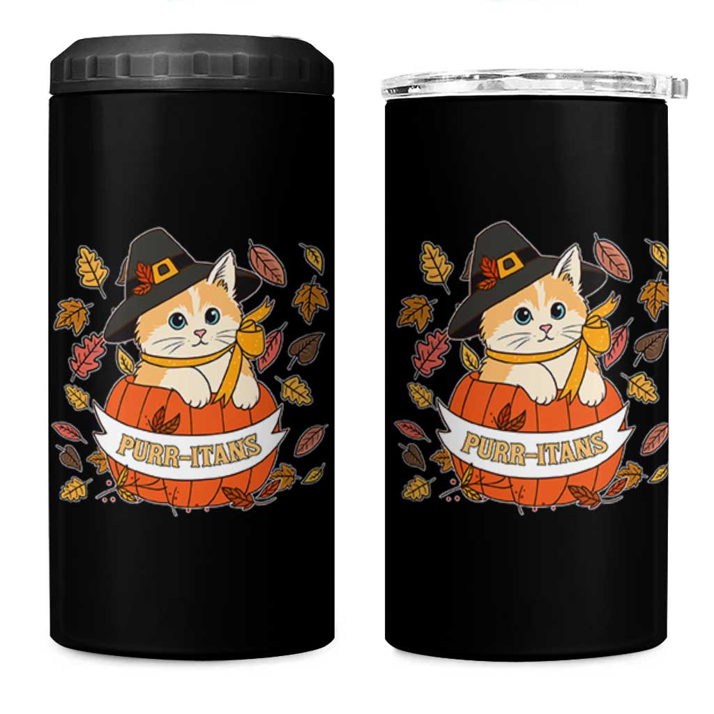 Funny Thanksgiving Cat Lover 4 in 1 Can Cooler Tumbler Purritans Pilgrim Puritans Hat - Wonder Print Shop