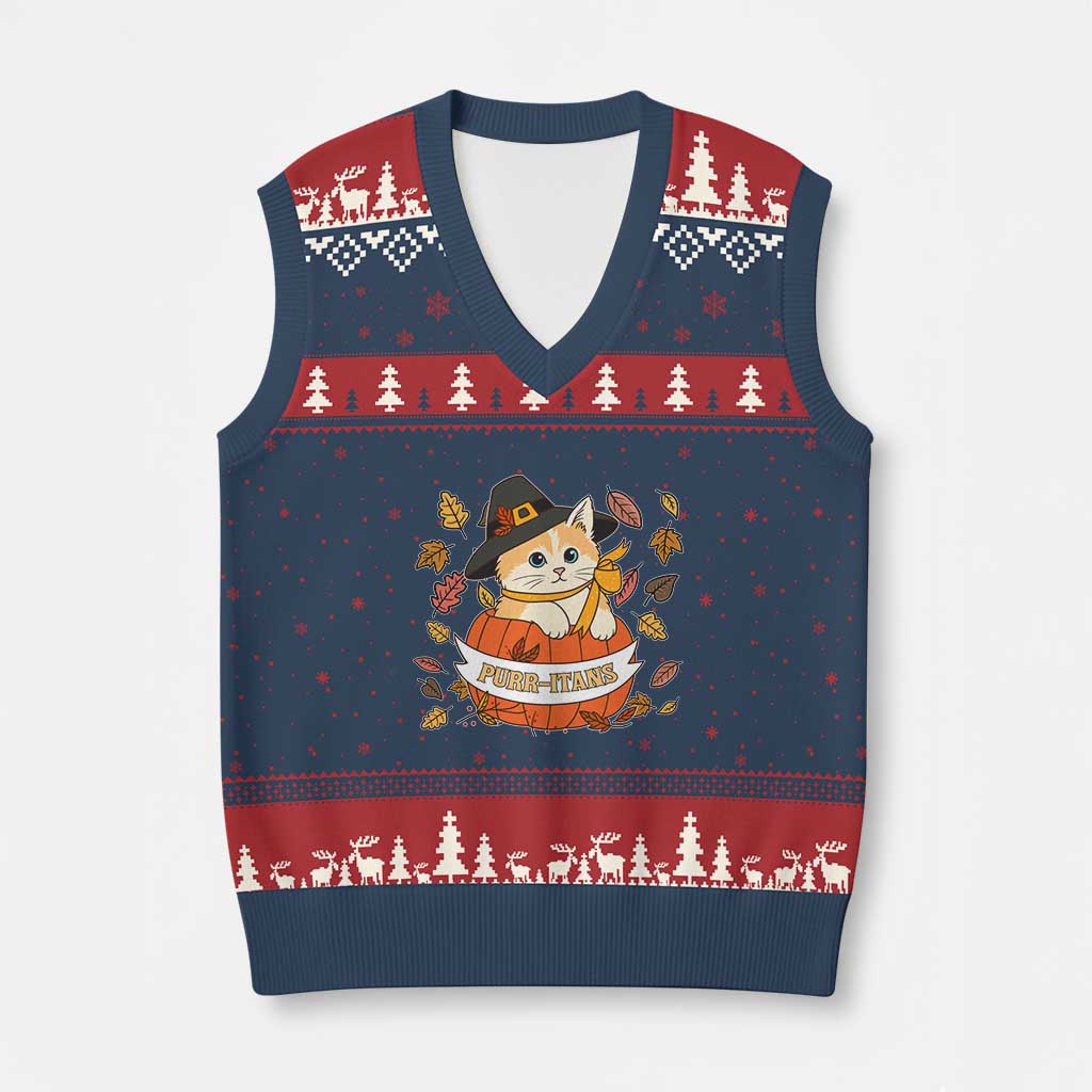 Funny Thanksgiving Cat Lover V-Neck Knit Sweater Vest Purritans Pilgrim Puritans Hat - Wonder Print Shop