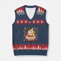 Funny Thanksgiving Cat Lover V-Neck Knit Sweater Vest Purritans Pilgrim Puritans Hat - Wonder Print Shop