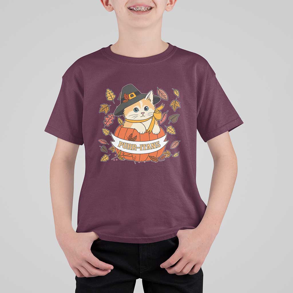 Funny Thanksgiving Cat Lover T Shirt For Kid Purritans Pilgrim Puritans Hat - Wonder Print Shop