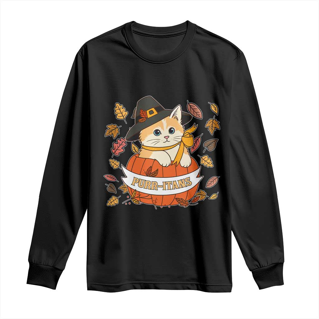 Funny Thanksgiving Cat Lover Long Sleeve Shirt Purritans Pilgrim Puritans Hat - Wonder Print Shop