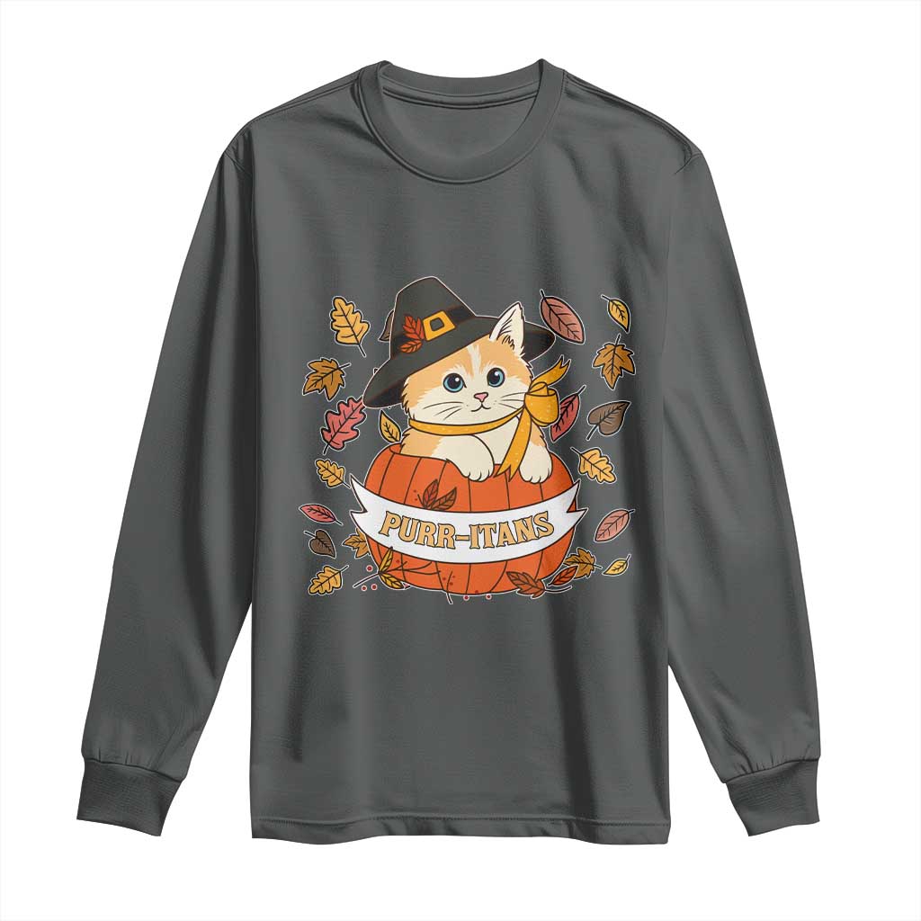 Funny Thanksgiving Cat Lover Long Sleeve Shirt Purritans Pilgrim Puritans Hat - Wonder Print Shop