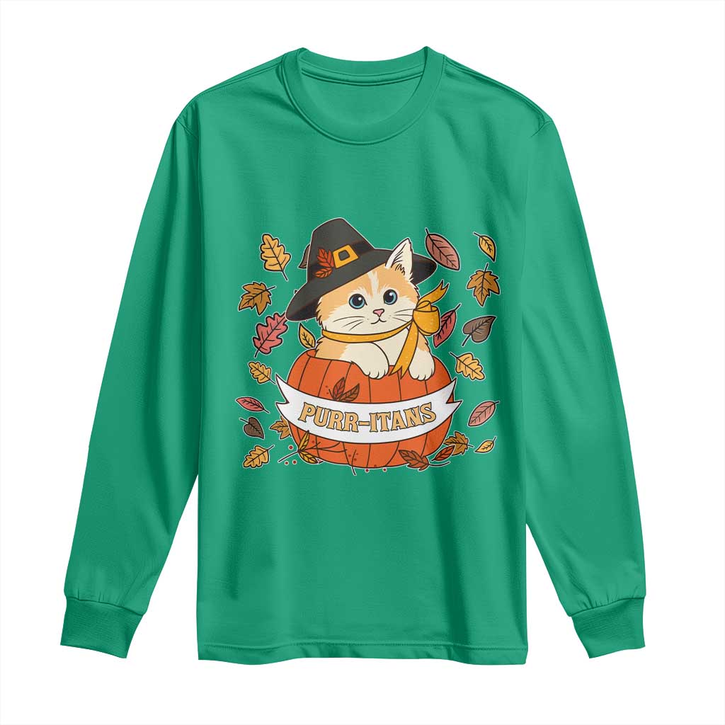 Funny Thanksgiving Cat Lover Long Sleeve Shirt Purritans Pilgrim Puritans Hat - Wonder Print Shop