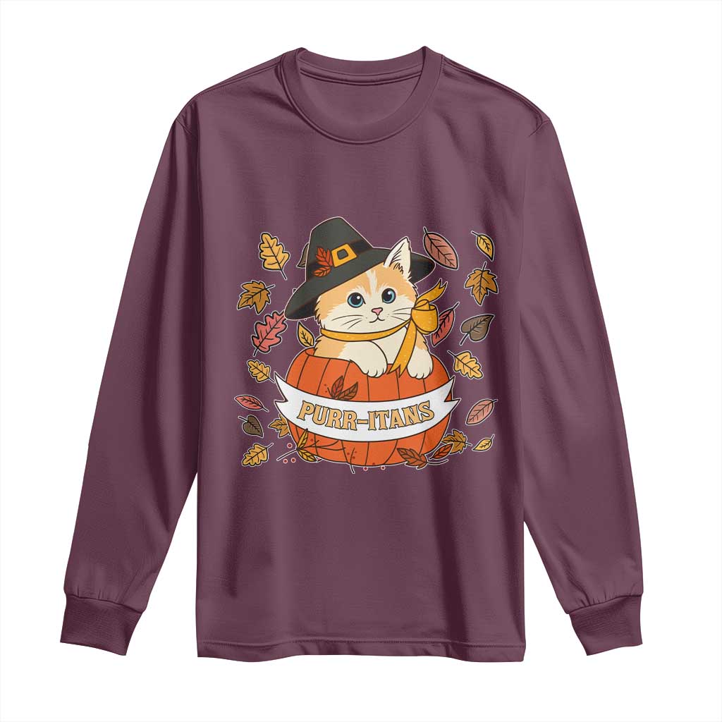 Funny Thanksgiving Cat Lover Long Sleeve Shirt Purritans Pilgrim Puritans Hat - Wonder Print Shop
