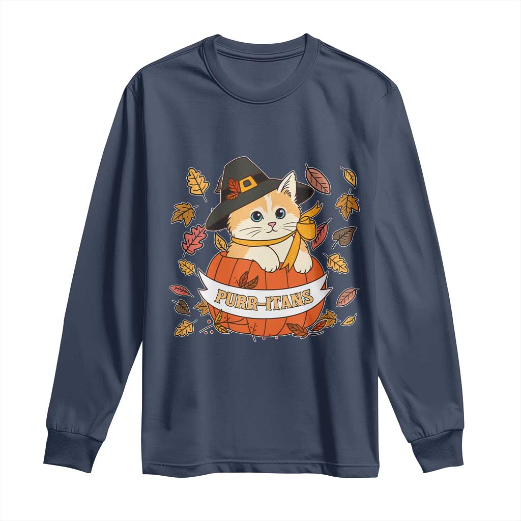 Funny Thanksgiving Cat Lover Long Sleeve Shirt Purritans Pilgrim Puritans Hat - Wonder Print Shop