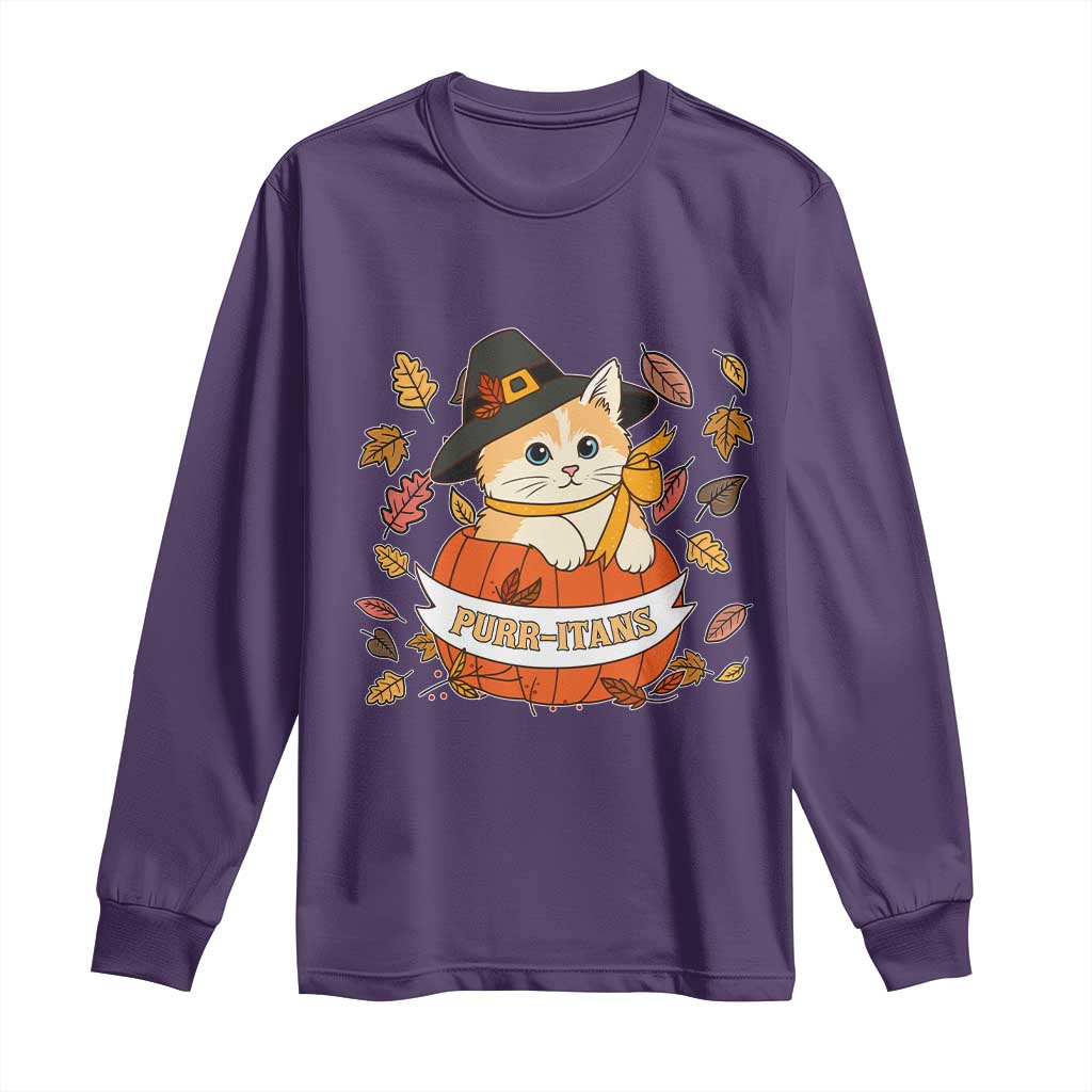 Funny Thanksgiving Cat Lover Long Sleeve Shirt Purritans Pilgrim Puritans Hat - Wonder Print Shop