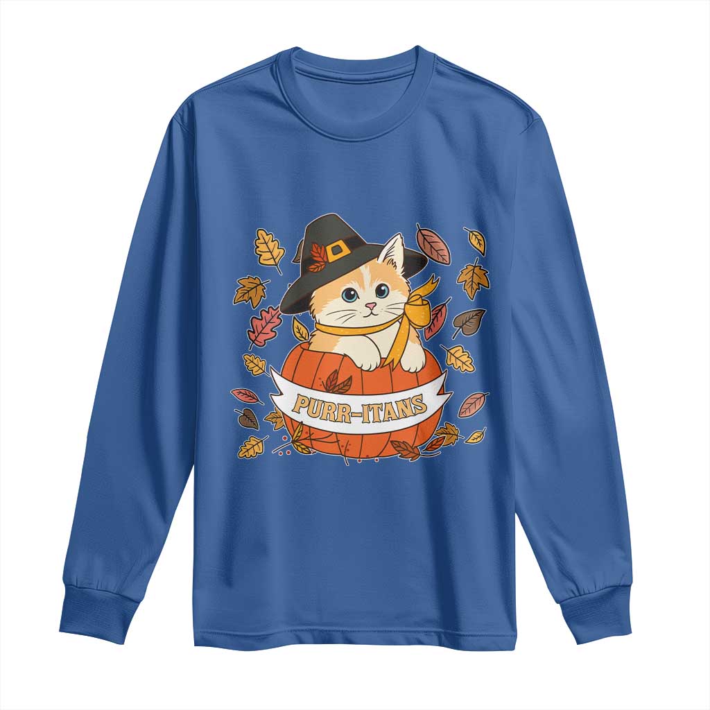 Funny Thanksgiving Cat Lover Long Sleeve Shirt Purritans Pilgrim Puritans Hat - Wonder Print Shop
