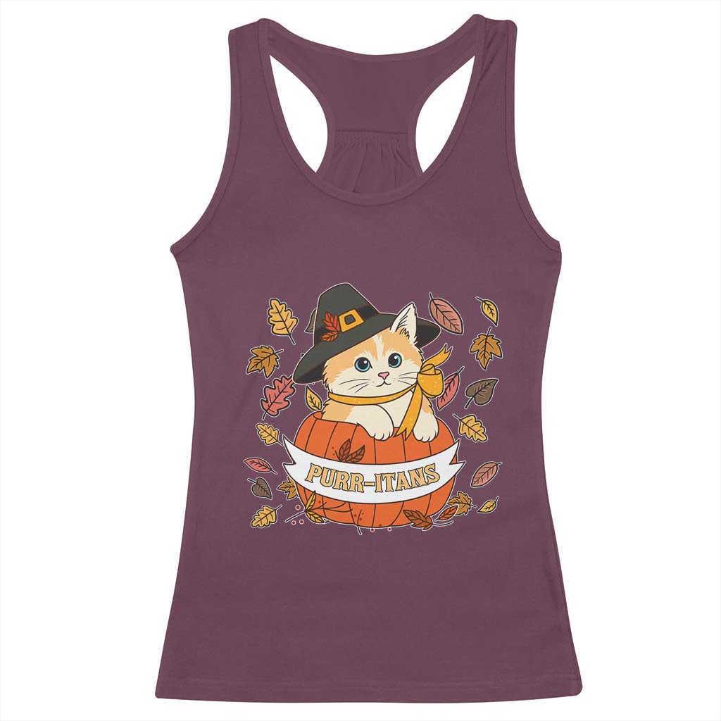 Funny Thanksgiving Cat Lover Racerback Tank Top Purritans Pilgrim Puritans Hat - Wonder Print Shop