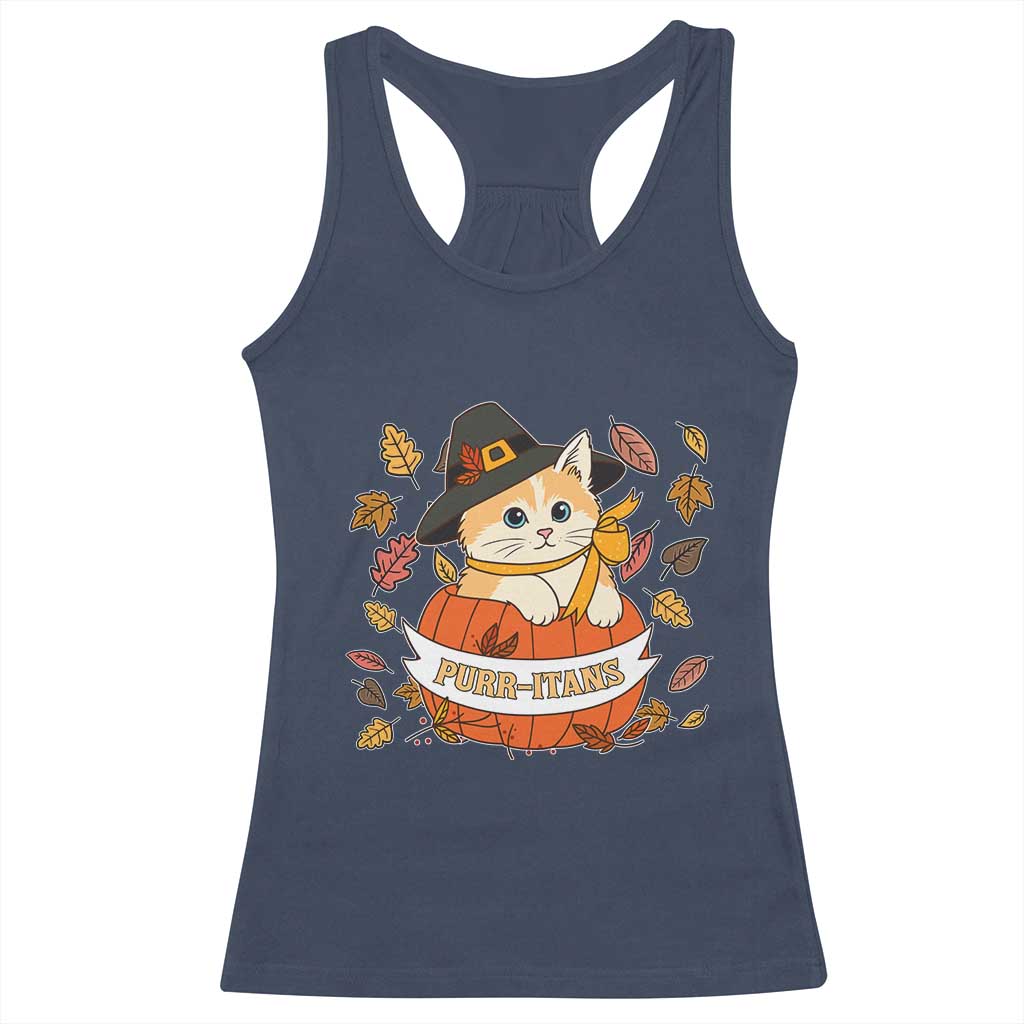 Funny Thanksgiving Cat Lover Racerback Tank Top Purritans Pilgrim Puritans Hat - Wonder Print Shop