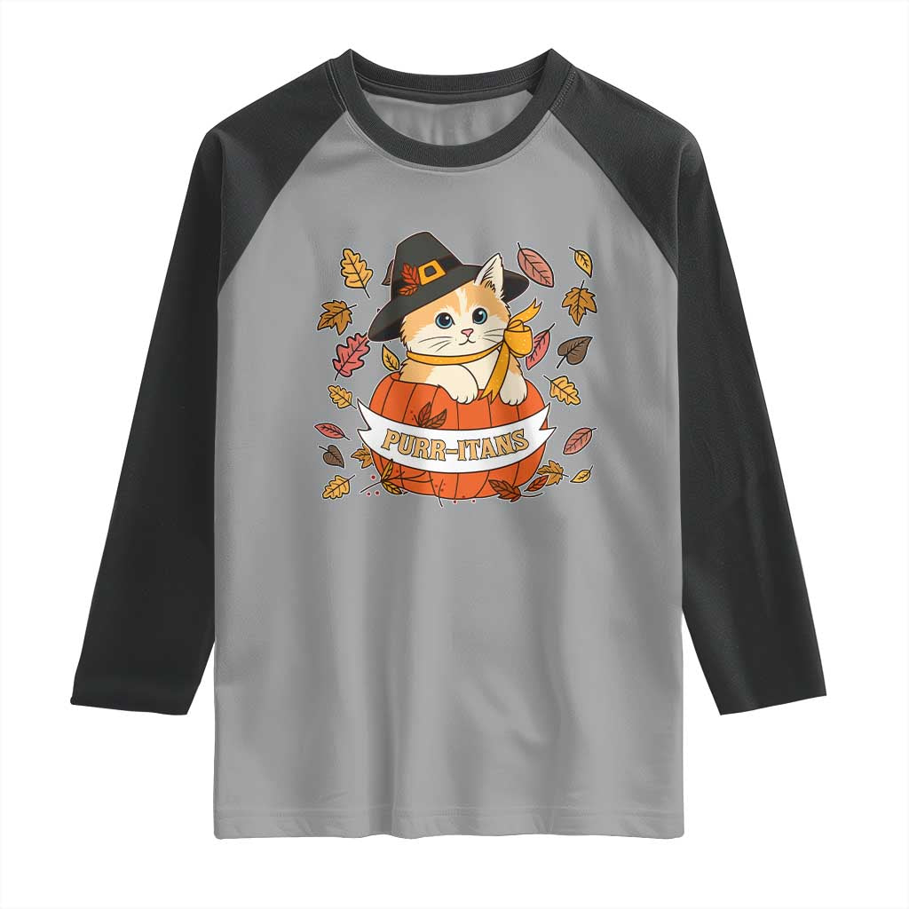 Funny Thanksgiving Cat Lover Raglan Shirt Purritans Pilgrim Puritans Hat - Wonder Print Shop