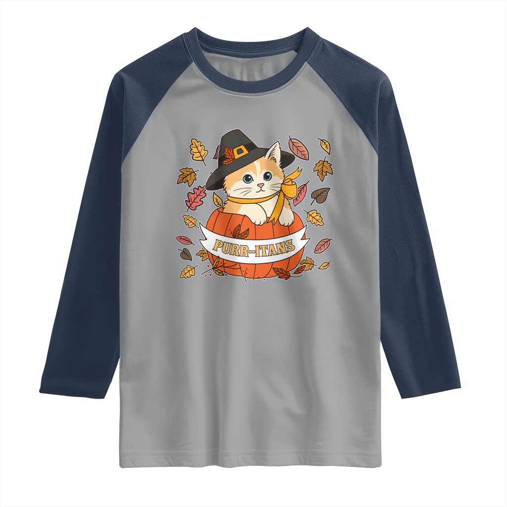 Funny Thanksgiving Cat Lover Raglan Shirt Purritans Pilgrim Puritans Hat - Wonder Print Shop