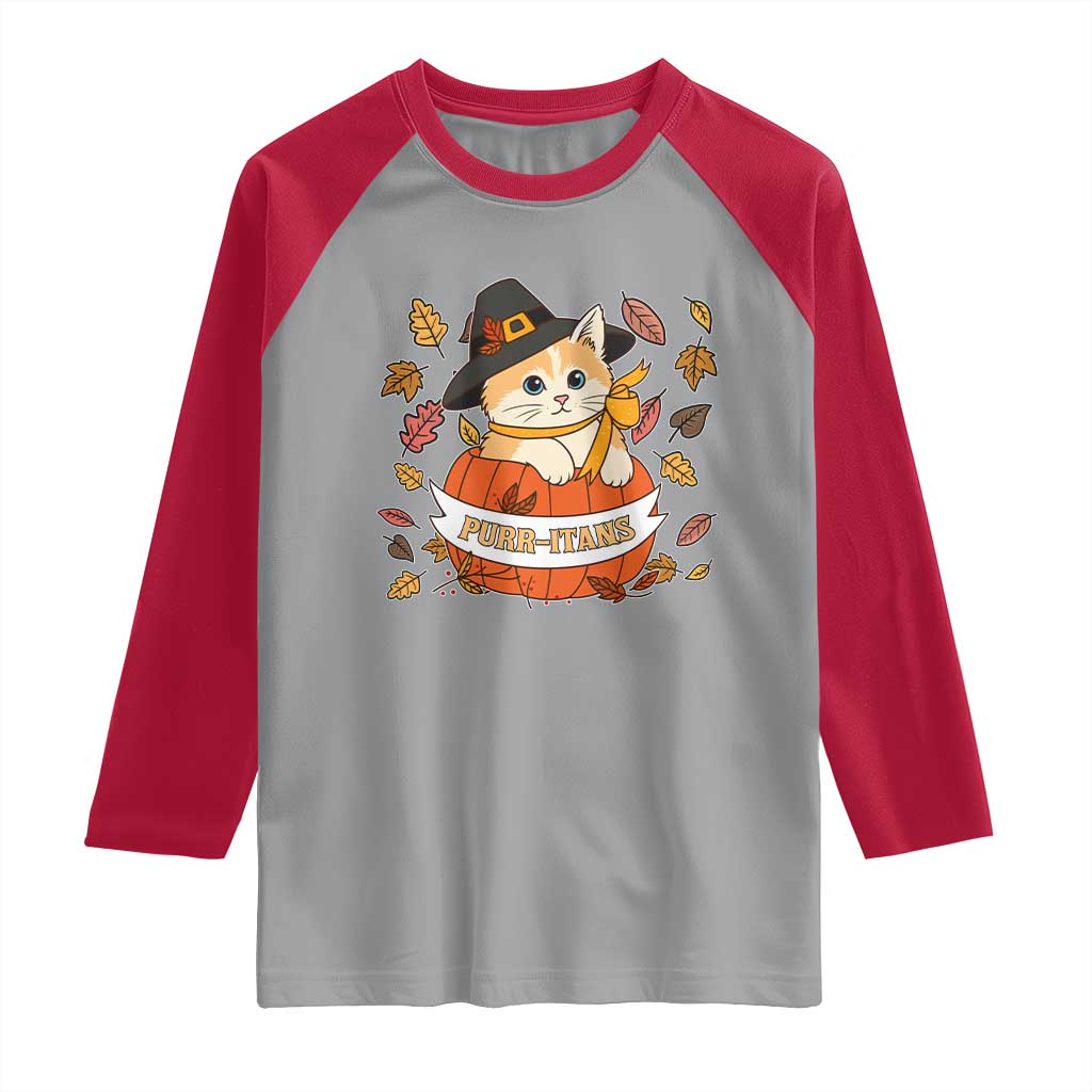 Funny Thanksgiving Cat Lover Raglan Shirt Purritans Pilgrim Puritans Hat - Wonder Print Shop
