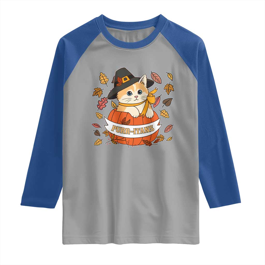 Funny Thanksgiving Cat Lover Raglan Shirt Purritans Pilgrim Puritans Hat - Wonder Print Shop