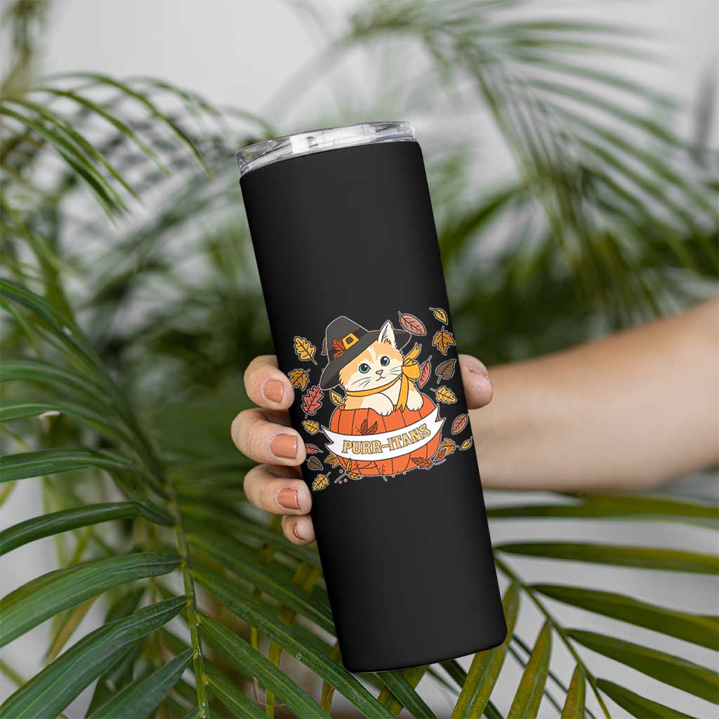 Funny Thanksgiving Cat Lover Skinny Tumbler Purritans Pilgrim Puritans Hat - Wonder Print Shop