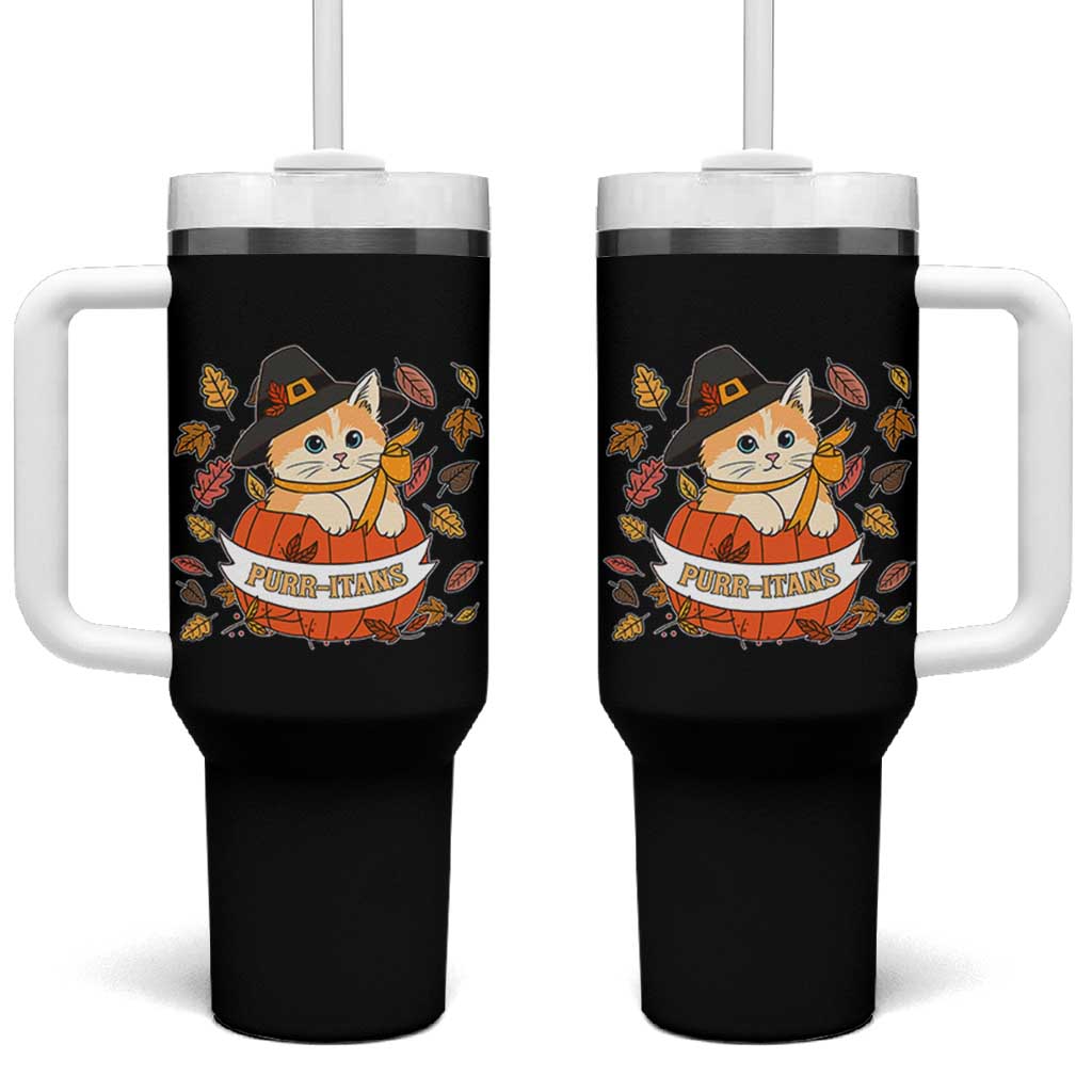 Funny Thanksgiving Cat Lover Tumbler With Handle Purritans Pilgrim Puritans Hat - Wonder Print Shop