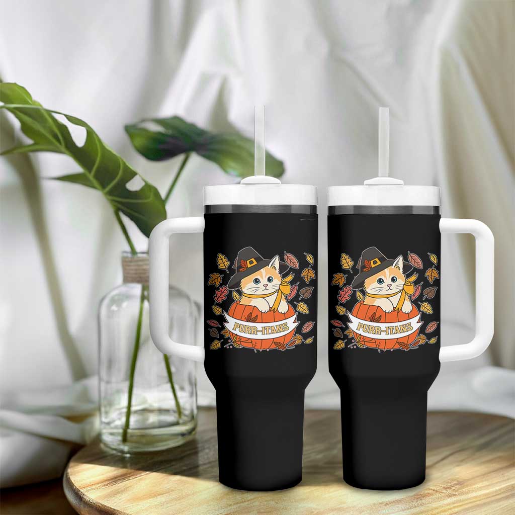 Funny Thanksgiving Cat Lover Tumbler With Handle Purritans Pilgrim Puritans Hat - Wonder Print Shop