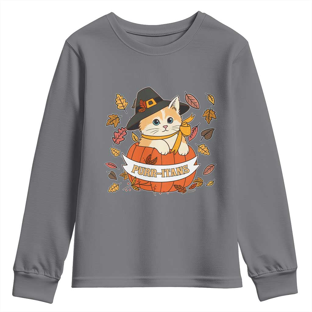 Funny Thanksgiving Cat Lover Youth Sweatshirt Purritans Pilgrim Puritans Hat - Wonder Print Shop
