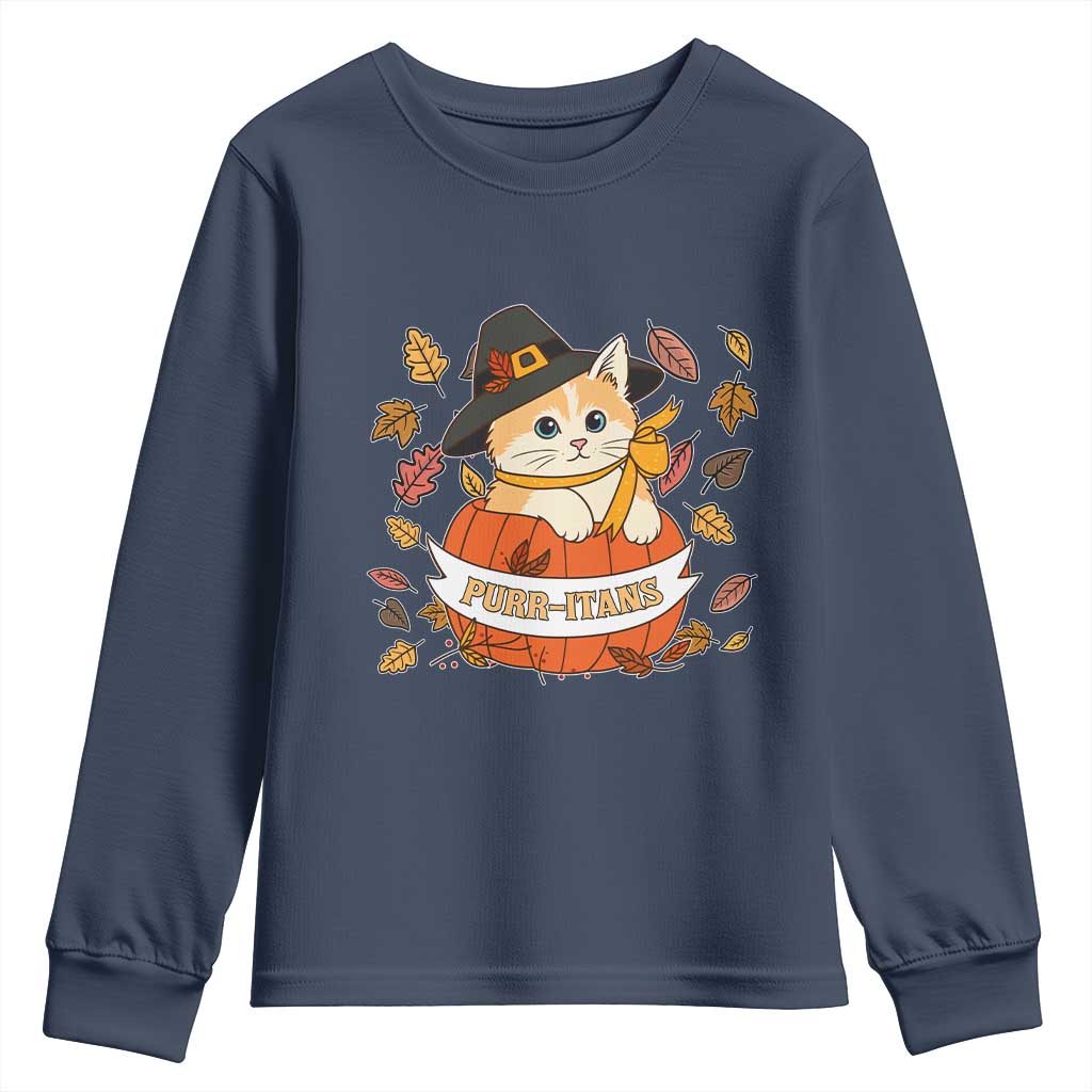 Funny Thanksgiving Cat Lover Youth Sweatshirt Purritans Pilgrim Puritans Hat - Wonder Print Shop