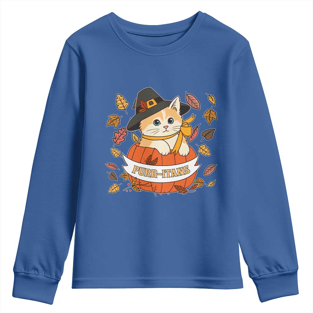 Funny Thanksgiving Cat Lover Youth Sweatshirt Purritans Pilgrim Puritans Hat - Wonder Print Shop
