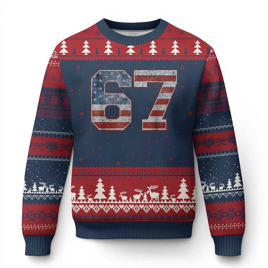 Funny Six Seven 67 Meme Vintage American Flag Ugly Christmas Sweater - Wonder Print Shop