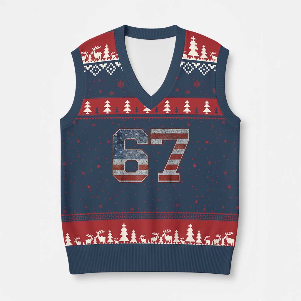 Funny Six Seven 67 Meme Vintage American Flag V-Neck Knit Sweater Vest - Wonder Print Shop