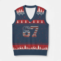 Funny Six Seven 67 Meme Vintage American Flag V-Neck Knit Sweater Vest - Wonder Print Shop