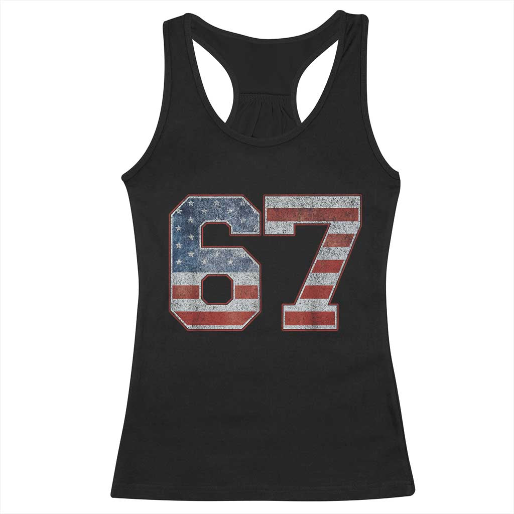 Funny Six Seven 67 Meme Vintage American Flag Racerback Tank Top - Wonder Print Shop