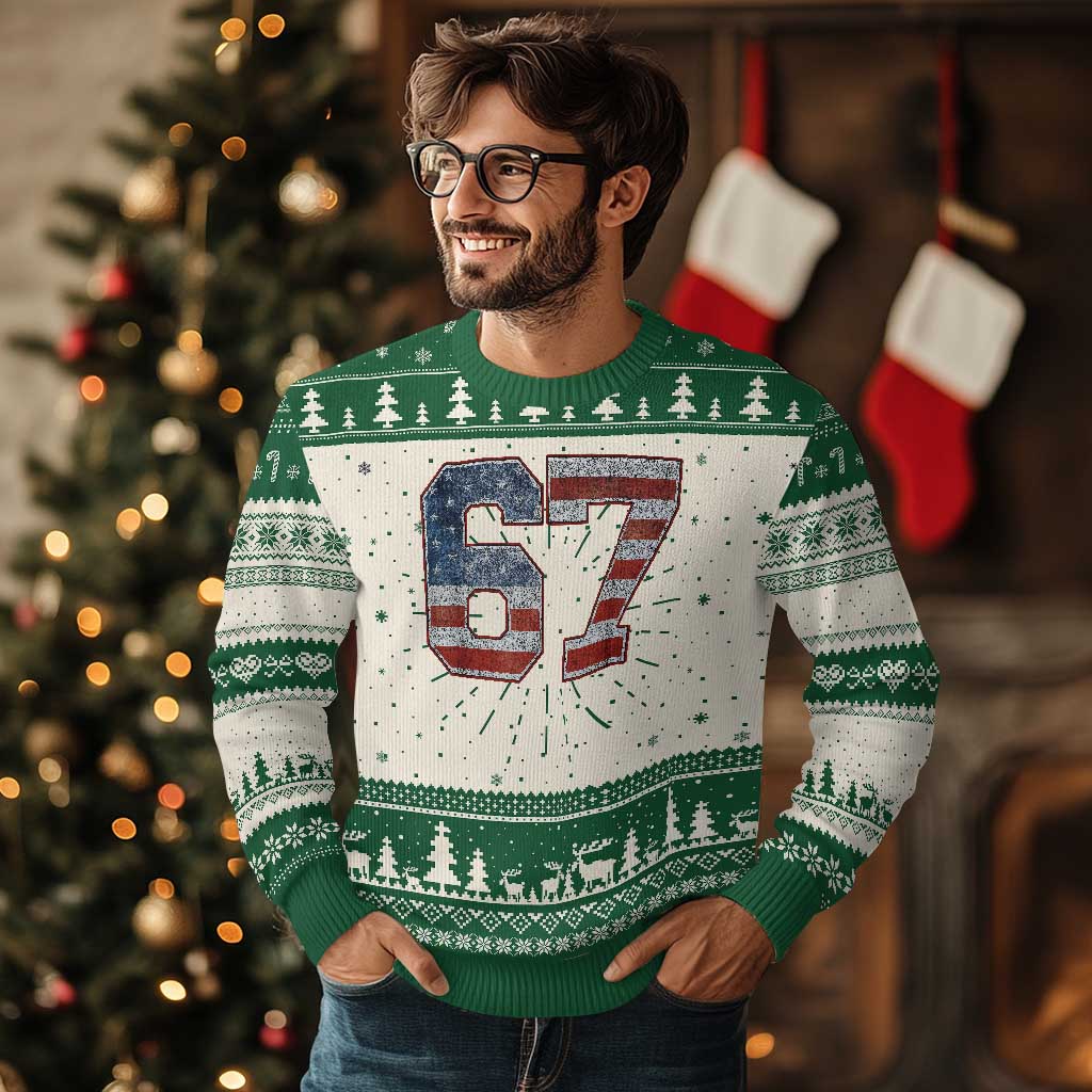 Funny Six Seven 67 Meme Vintage American Flag Knitted Sweatshirt - Wonder Print Shop
