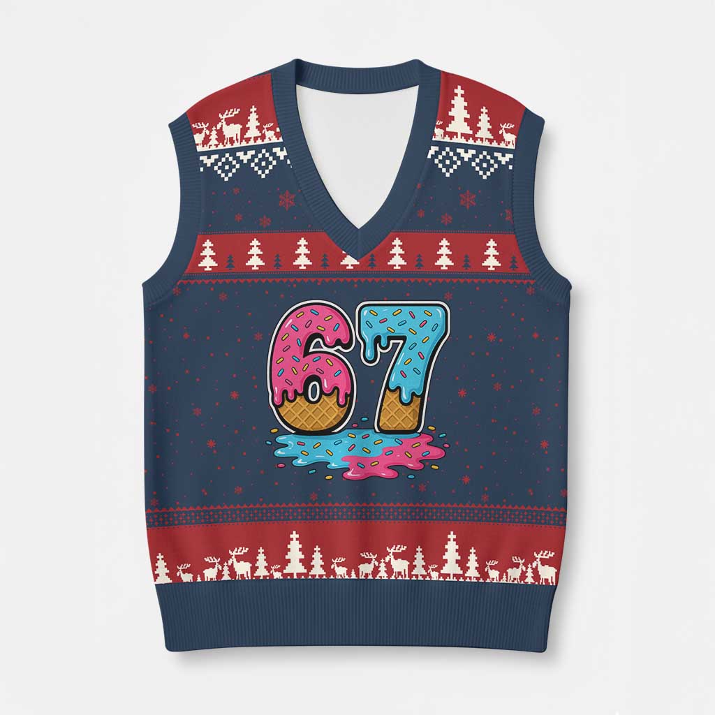 Funny 67 Ice Cream Drip Meme Six Seven Gen Alpha Slang V-Neck Knit Sweater Vest - Wonder Print Shop