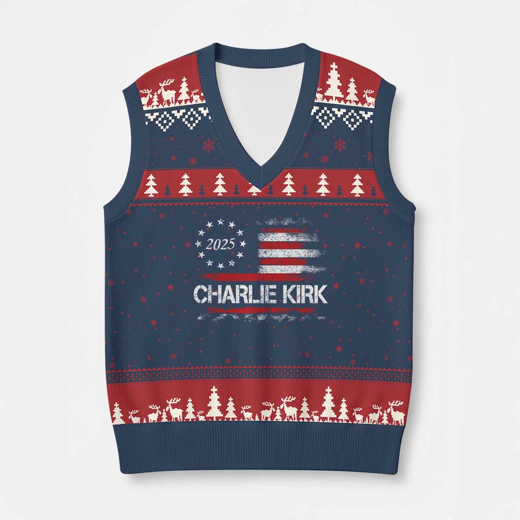 Charlie Kirk 2025 V-Neck Knit Sweater Vest Freedom Vintage American Flag - Wonder Print Shop