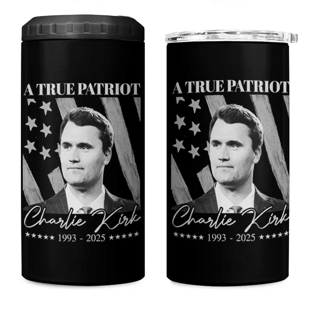 A True Patriot Charlie Kirk 4 in 1 Can Cooler Tumbler Vintage American Flag - Wonder Print Shop