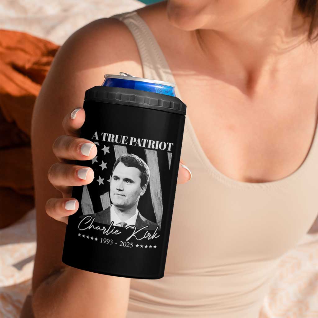 A True Patriot Charlie Kirk 4 in 1 Can Cooler Tumbler Vintage American Flag - Wonder Print Shop