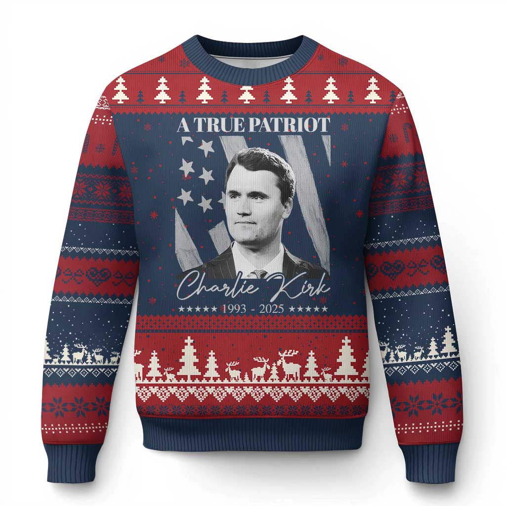 A True Patriot Charlie Kirk Ugly Christmas Sweater Vintage American Flag - Wonder Print Shop
